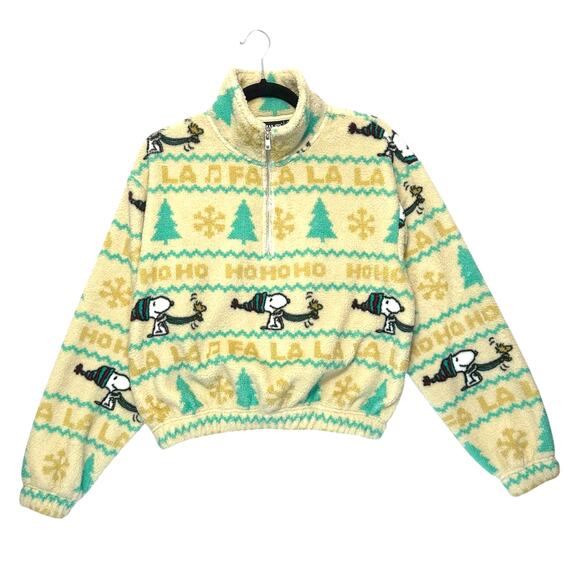 Peanuts Winter Snoopy Woodstock Cropped Fleece Pullover Women's Sz M Christmas - Picture 1 of 6